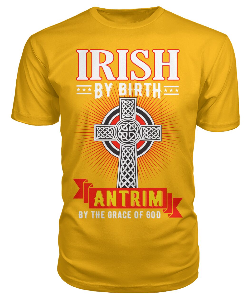 Antrim Irish By Birth Celtic Cross Classic Heavy Cotton Adult T-Shirt