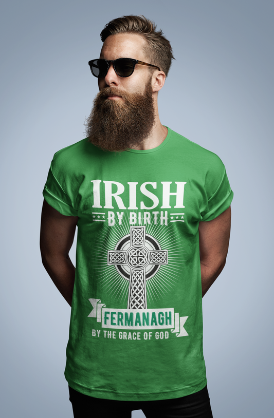 County Fermanagh Irish By Birth Celtic Cross Classic Heavy Cotton Adult T-Shirt