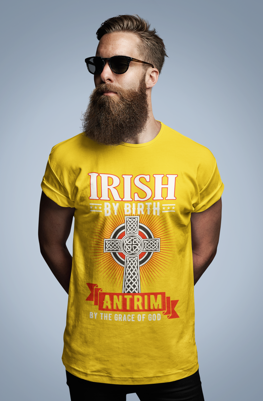 Antrim Irish By Birth Celtic Cross Classic Heavy Cotton Adult T-Shirt