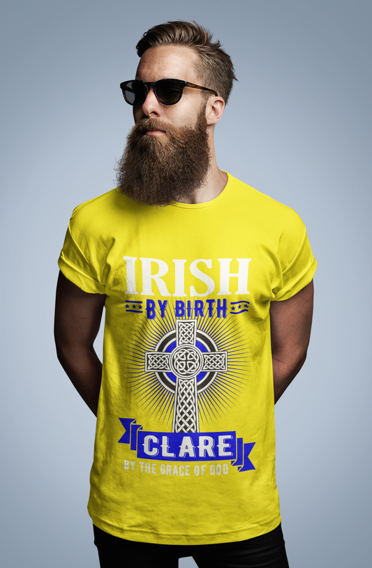 Clare Irish By Birth Celtic Cross Classic Heavy Cotton Adult T-Shirt