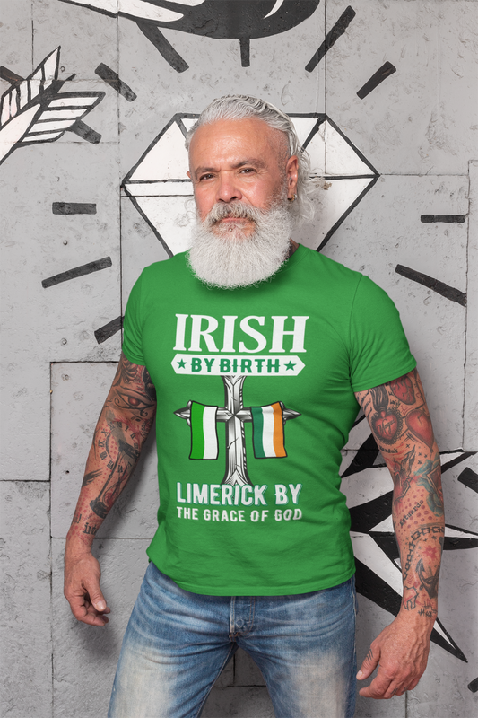 County Limerick Irish By Birth Celtic Cross Classic Heavy Cotton Adult T-Shirt