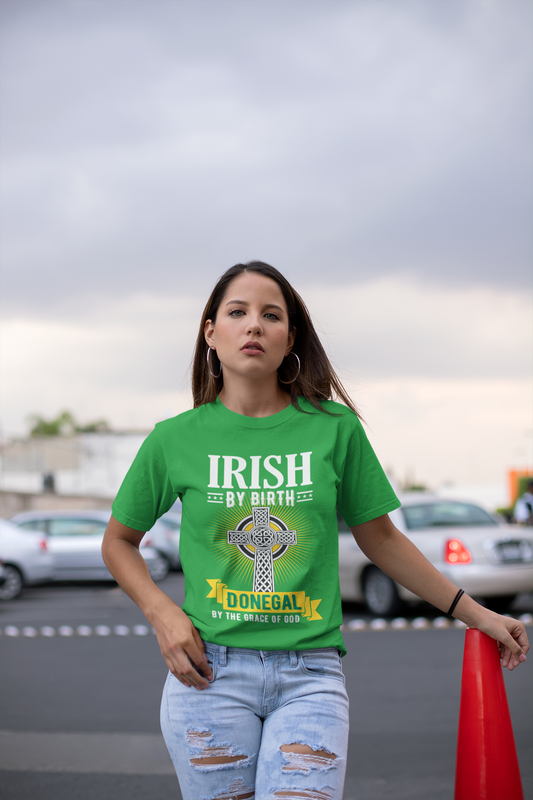 Donegal Irish By Birth Celtic Cross Classic Heavy Cotton Adult T-Shirt